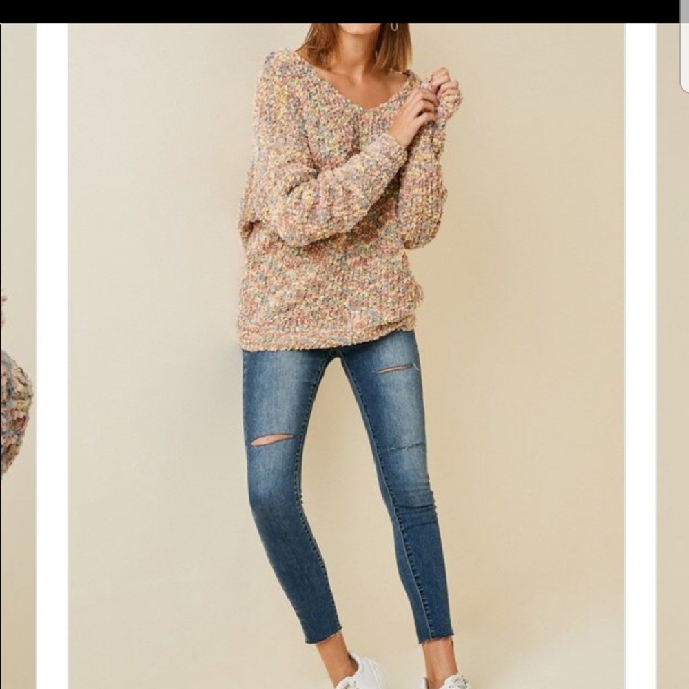 Multicolored Plunging Twist-Back Popcorn Sweater - image 6